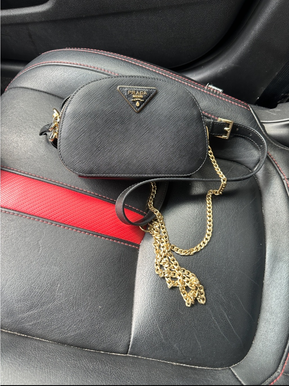 Prada Black Saffiano Leather Crossbody Belt Bag with Gold Chain Strap
